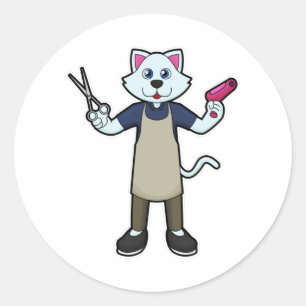 Katze als Friseur mit Schere & Haartrockner Runder Aufkleber
