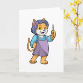 Katze als Friseur mit Schere Karte (Gelbe Blume)