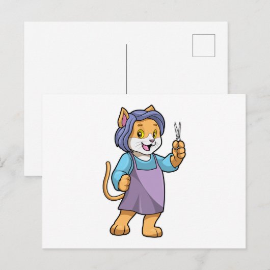 Katze als Friseur mit Schere Postkarte (Vorne/Hinten)
