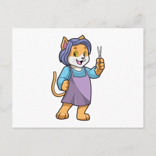 Katze als Friseur mit Schere Postkarte (Vorderseite)