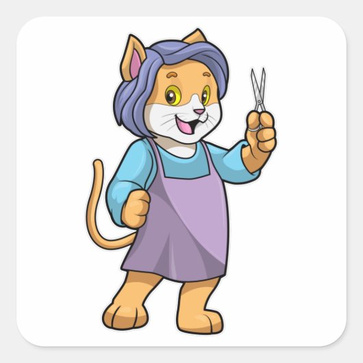 Katze als Friseur mit Schere Quadratischer Aufkleber (Vorderseite)