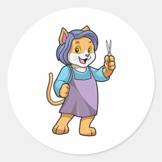 Katze als Friseur mit Schere Runder Aufkleber (Vorderseite)