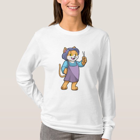 Katze als Friseur mit Schere T-Shirt (Vorderseite)