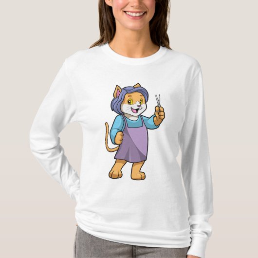Katze als Friseur mit Schere T-Shirt (Vorderseite)