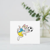 Katze als Fußballspieler mit Fußball Postkarte (Stehend Vorderseite)