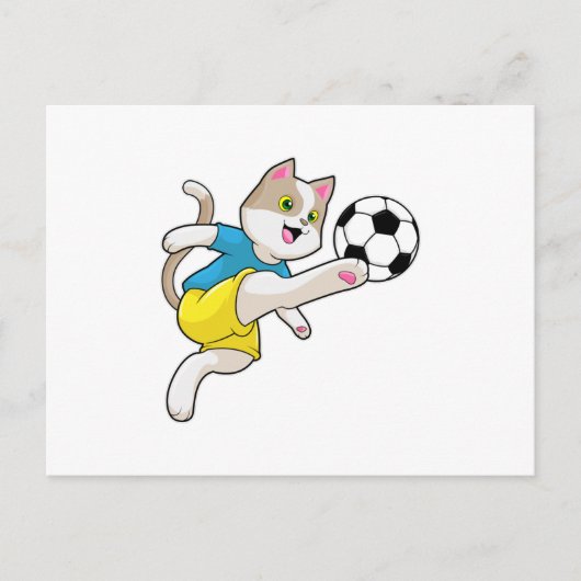 Katze als Fußballspieler mit Fußball Postkarte (Vorderseite)