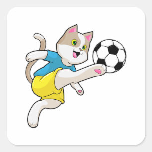 Katze als Fußballspieler mit Fußball Quadratischer Aufkleber