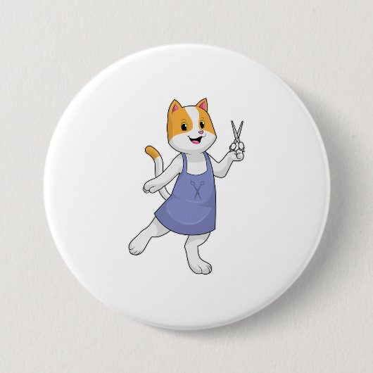 Katze als Haarstylistin mit Schere Button (Vorderseite)