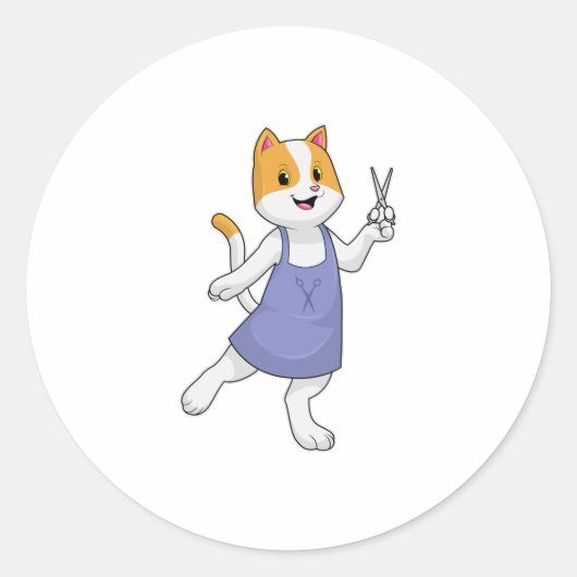 Katze als Haarstylistin mit Schere Runder Aufkleber (Vorderseite)