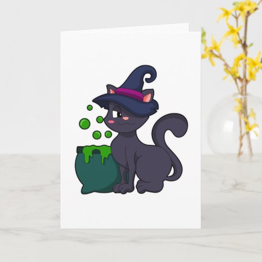 Katze als Hexe mit Cauldron Karte (Gelbe Blume)