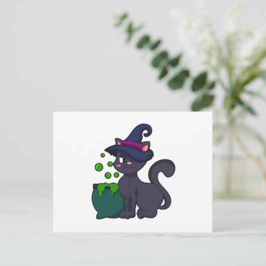 Katze als Hexe mit Cauldron Postkarte (Stehend Vorderseite)