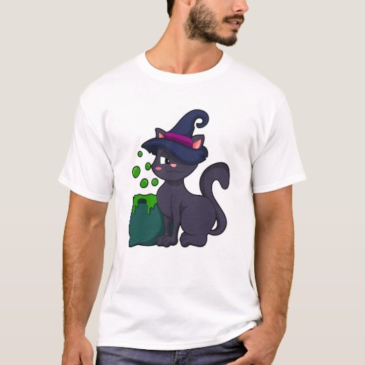 Katze als Hexe mit Cauldron T-Shirt (Vorderseite)