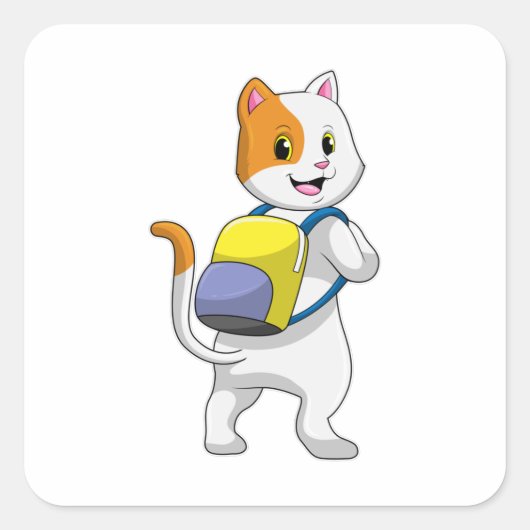 Katze als Hiker mit Rucksack Quadratischer Aufkleber (Vorderseite)