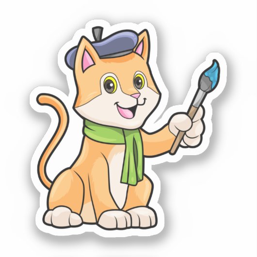 Katze als Maler mit Pinsel und Karpfen Aufkleber (Vorderseite)