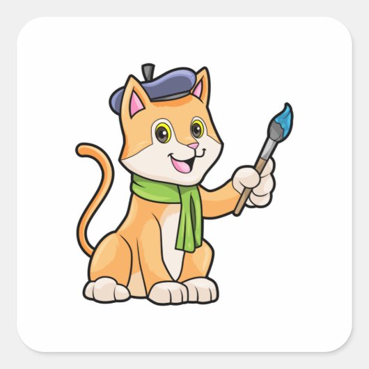 Katze als Maler mit Pinsel und Karpfen Quadratischer Aufkleber (Vorderseite)
