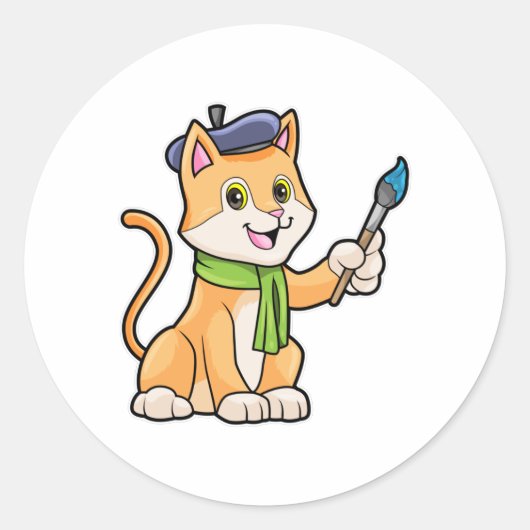 Katze als Maler mit Pinsel und Karpfen Runder Aufkleber (Vorderseite)