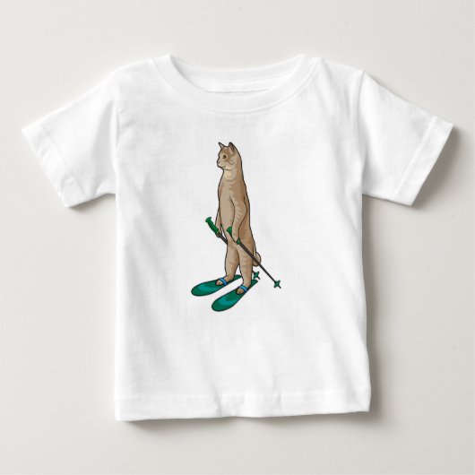 Katze als Skifahrer mit Ski- und Skistöcken Baby T-shirt (Vorderseite)