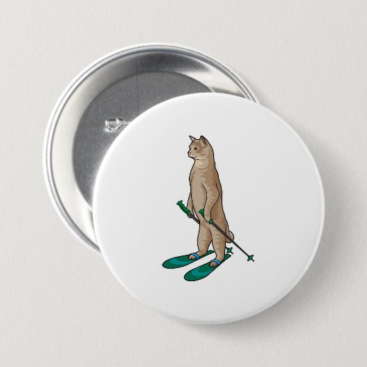 Katze als Skifahrer mit Ski- und Skistöcken Button (Vorne & Hinten)
