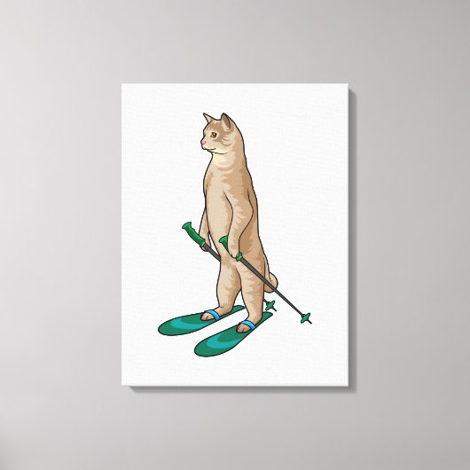 Katze als Skifahrer mit Ski- und Skistöcken Leinwanddruck (Vorderseite)