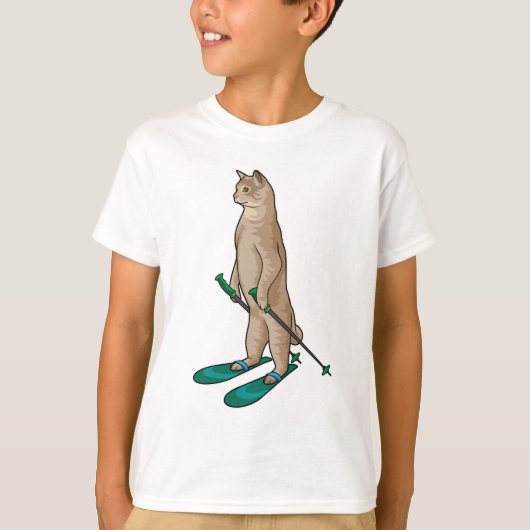 Katze als Skifahrer mit Ski- und Skistöcken T-Shirt (Vorderseite)