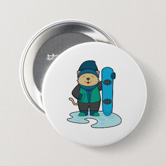 Katze als Snowboarder mit Snowboard Button (Vorne & Hinten)