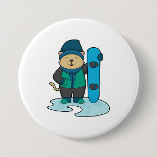 Katze als Snowboarder mit Snowboard Button