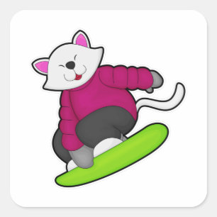 Katze als Snowboarder mit Snowboard Quadratischer Aufkleber