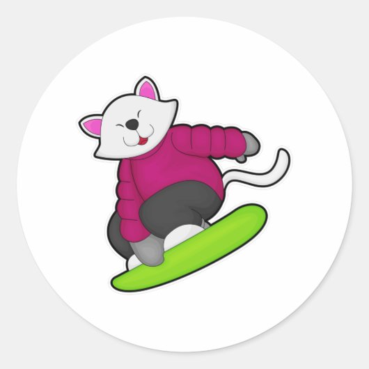 Katze als Snowboarder mit Snowboard Runder Aufkleber (Vorderseite)