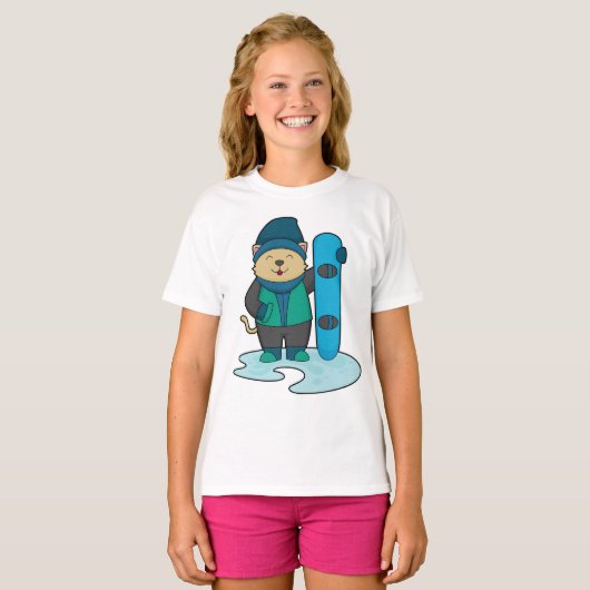 Katze als Snowboarder mit Snowboard T-Shirt (Vorne ganz)