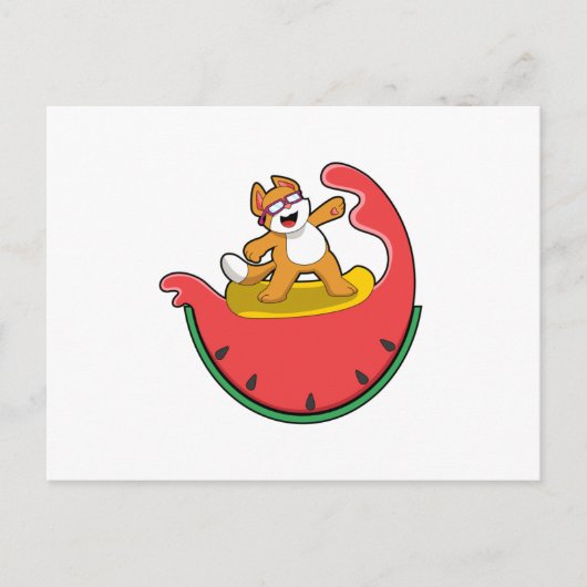 Katze als Surfer mit Wassermelone Postkarte (Vorderseite)