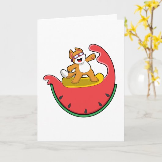 Katze als Surfer mit Watermelon Karte (Gelbe Blume)