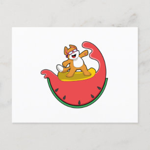 Katze als Surfer mit Watermelon Postkarte