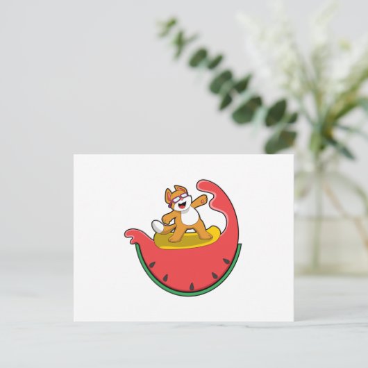Katze als Surfer mit Watermelon Postkarte (Stehend Vorderseite)