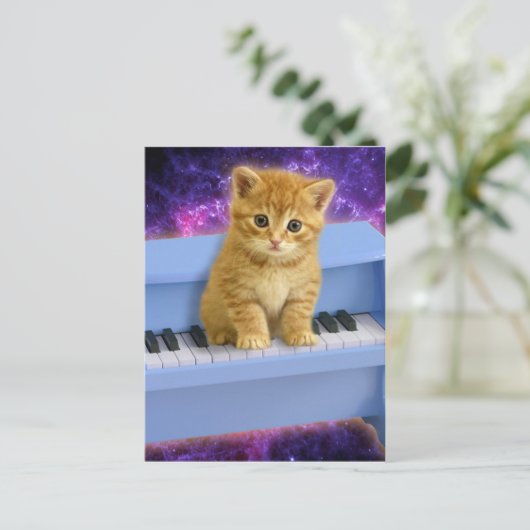 Katze am blauen Klavier Postkarte (Stehend Vorderseite)
