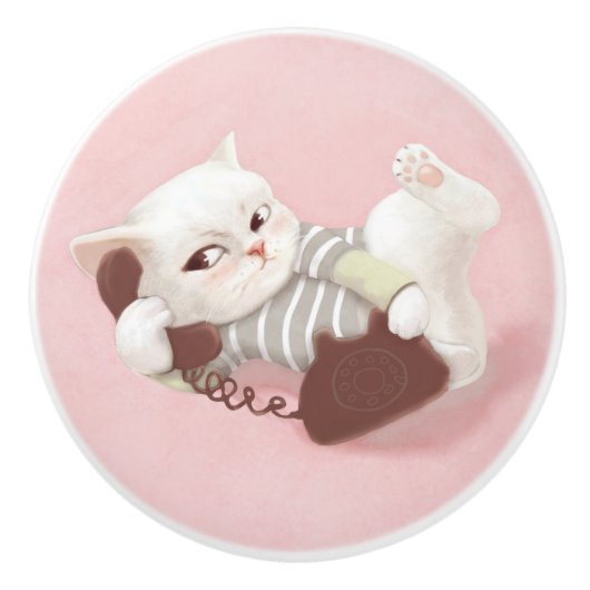 Katze am Telefon Keramikknauf (Vorderseite)