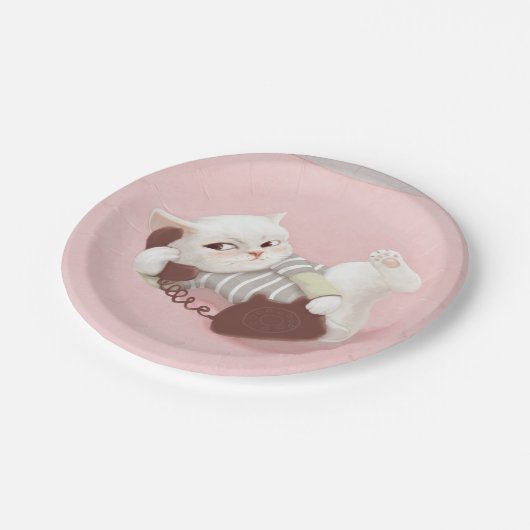 Katze am Telefon Pappteller (Schrägansicht)