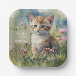 Katze Aquarell Blumen 80. Geburtstag Pappteller