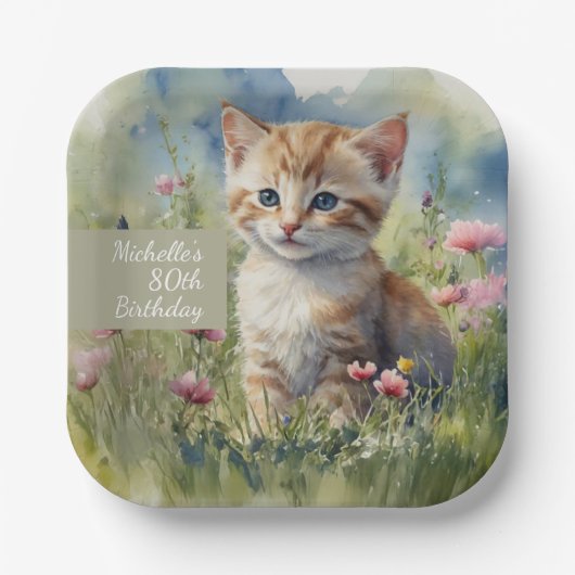 Katze Aquarell Blumen 80. Geburtstag Pappteller (Vorderseite)