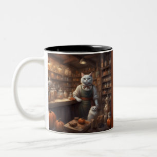 Katze arbeitet an Halloween im Landladen Zweifarbige Tasse