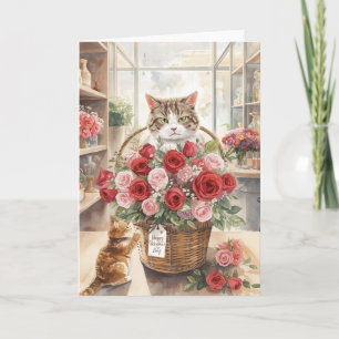 Katze arrangiert Blumen Rosen Korb Valentinstag Karte