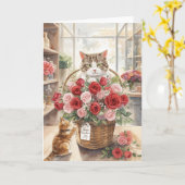 Katze arrangiert Blumen Rosen Korb Valentinstag Karte (Gelbe Blume)