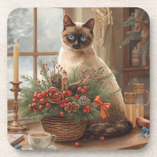 Katze arrangiert Weihnachtsblumen Getränkeuntersetzer (Vorderseite)