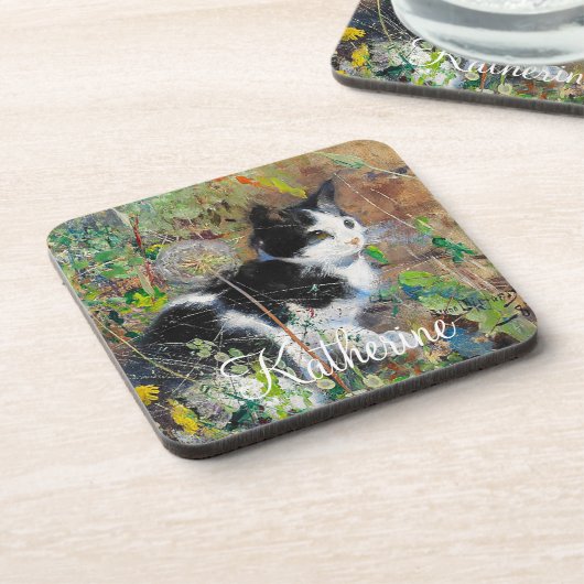 Katze auf Blumenbeet Getränkeuntersetzer (Linke Seite)