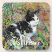 Katze auf Blumenbeet Getränkeuntersetzer (Vorderseite)