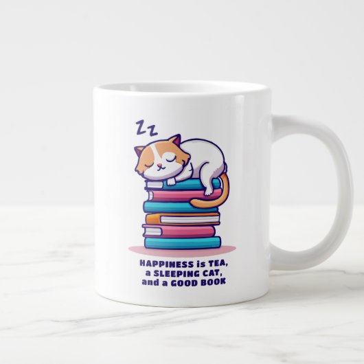 Katze auf Buchstapel Niedlicher Personalisierter L Jumbo-Tasse (Rechts)