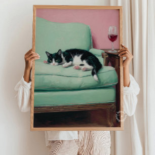 Katze auf Couch mit Wein-Wandkunst-Druck Poster