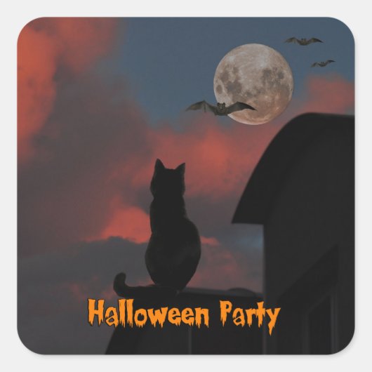 Katze auf dem Dach mit Vollmond Halloween Quadratischer Aufkleber (Vorderseite)