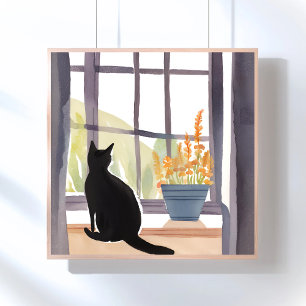 Katze auf dem Fensterbrett Silhouette Wasserfarb Poster