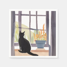 Katze auf dem Fensterbrett | Silhouette Wasserfarb Serviette