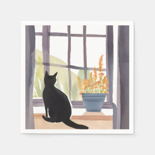 Katze auf dem Fensterbrett   Silhouette Wasserfarb Serviette
